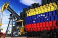 Plataforma de petróleo venezuelana com bandeira do Brasil e símbolos de sanção internacional