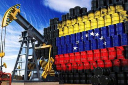 Plataforma de petróleo venezuelana com bandeira do Brasil e símbolos de sanção internacional
