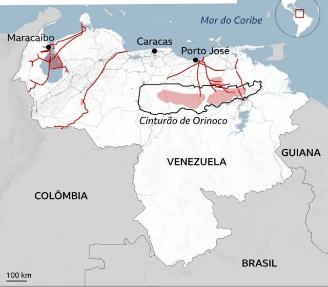 Plataforma de petróleo na Venezuela com gráficos de investimento e bandeira do Brasil