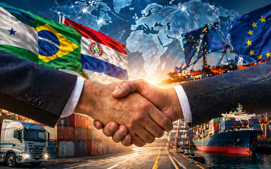 Mapa destacando países do Mercosul e EFTA unidos por aperto de mão simbolizando acordo de livre comércio