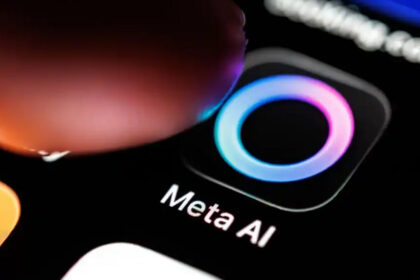 Logotipo da Meta e interface do app Muse IA com gráfico de ações em alta