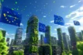 Mapa da UE com símbolos de energia eólica, solar e nuclear representando disputa por metas 2040