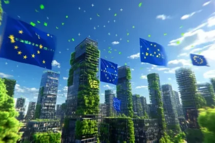 Mapa da UE com símbolos de energia eólica, solar e nuclear representando disputa por metas 2040