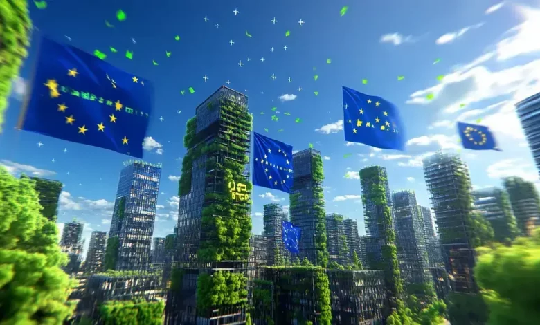 Mapa da UE com símbolos de energia eólica, solar e nuclear representando disputa por metas 2040