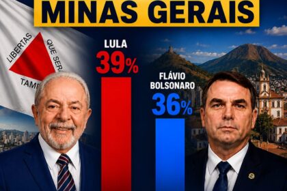 Gráfico Datafolha mostra empate técnico entre Lula e Flávio Bolsonaro em Minas Gerais para 2026