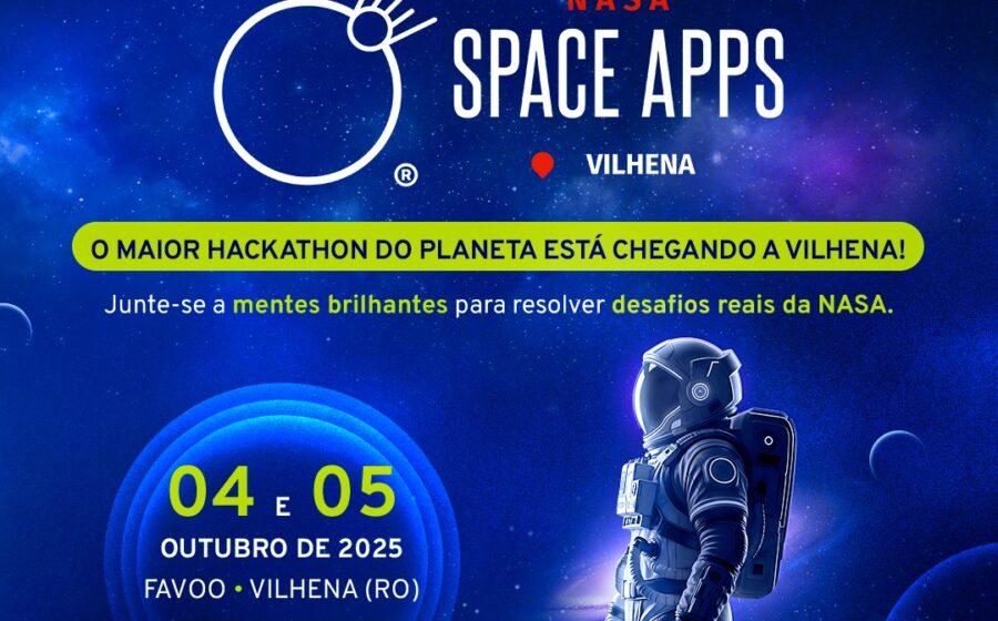 Equipe diversa programando em hackathon NASA Space Apps Challenge Vilhena com telas mostrando dados espaciais