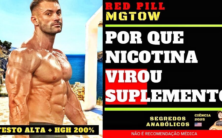 Ilustração de nicotina como suplemento de biohacking com símbolos de produtividade e alerta de risco