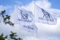 Logos da Novo Nordisk e Jiangsu Hengrui sobre fundo de comprimidos e gráfico de ações