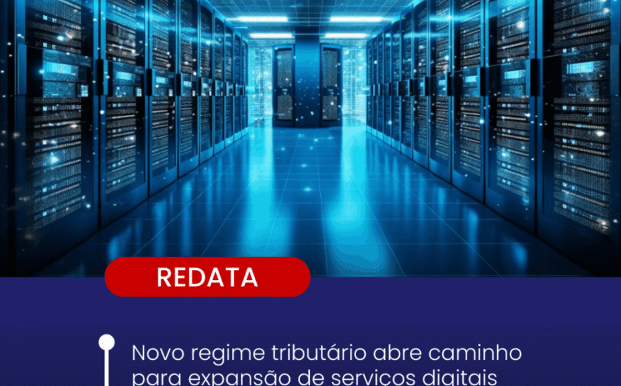 Modern datacenter in Brazil with server racks and green energy symbols representing Redata fiscal regime