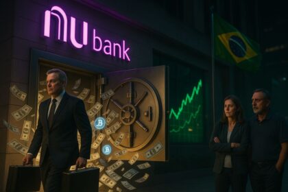 Logos do Nubank e Monzo lado a lado com seta indicando aquisição bilionária de 10 bilhões de libras