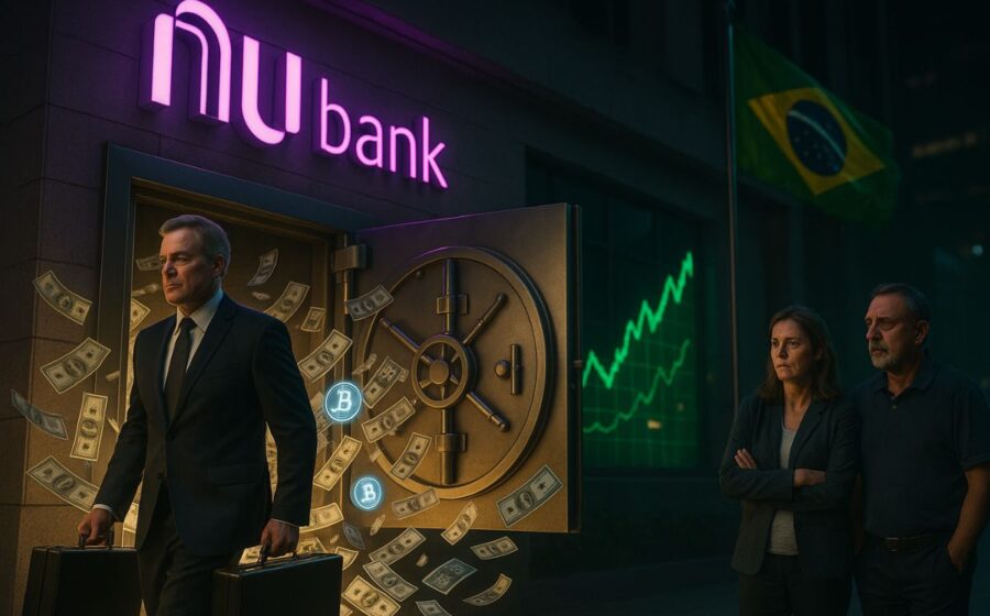 Logos do Nubank e Monzo lado a lado com seta indicando aquisição bilionária de 10 bilhões de libras