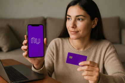 Logos do Nubank e Monzo lado a lado com setas indicando aquisição de R$ 69 bilhões