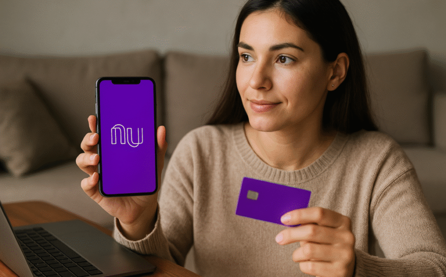 Logos do Nubank e Monzo lado a lado com setas indicando aquisição de R$ 69 bilhões