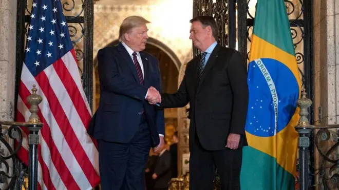 Ilustração política: Flávio Bolsonaro e Trump apertando as mãos com bandeira do Brasil subordinada à dos EUA