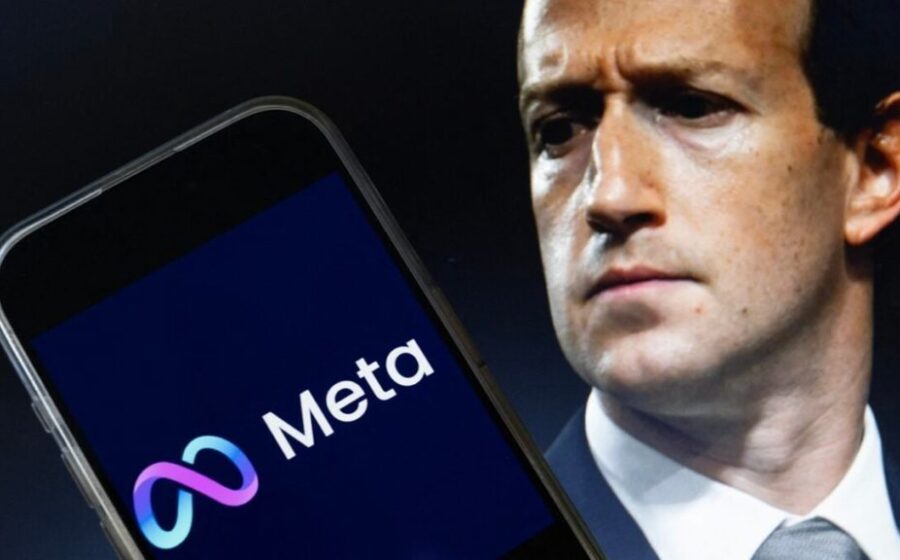 Mark Zuckerberg sorri segurando smartphone com app Muse da Meta em destaque, gráfico de ações subindo ao fundo