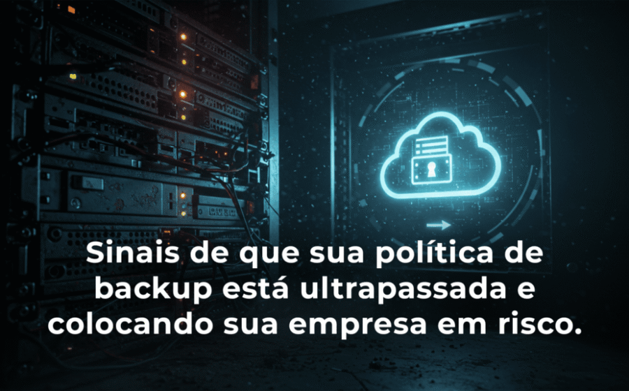 Sala de servidores com luz de alerta vermelha e fita de backup quebrada simbolizando falha silenciosa de backup