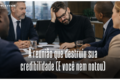Profissional preocupado olhando para notebook com ícones de IA e alerta de credibilidade