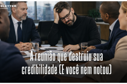 Profissional preocupado olhando para notebook com ícones de IA e alerta de credibilidade
