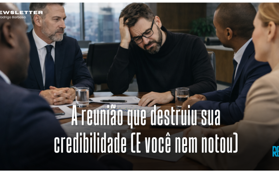 Profissional preocupado olhando para notebook com ícones de IA e alerta de credibilidade