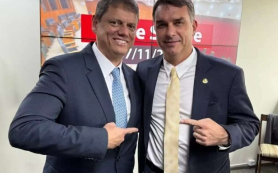 Tarcísio de Freitas e Flávio Bolsonaro apertam as mãos em acordo político para indicações ao STF