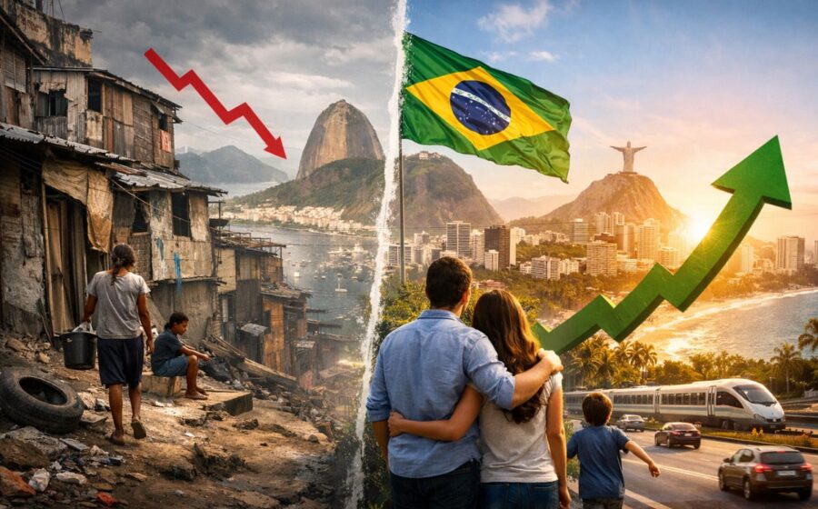 Gráfico mostra índice de miséria do Brasil em 9,7 pontos, menor desde 1996, com ícone de felicidade estagnado