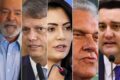 Candidatos à presidência em eventos de campanha com gráficos de economia e mercado financeiro ao fundo
