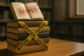 Biblioteca murada com tijolos e livros empilhados simbolizando censura global e resistência editorial