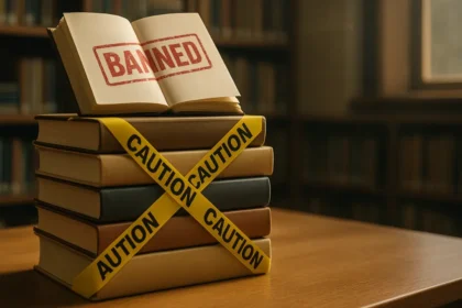 Biblioteca murada com tijolos e livros empilhados simbolizando censura global e resistência editorial