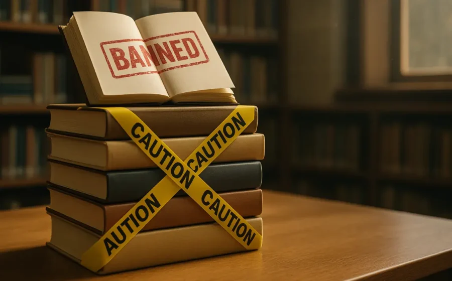 Biblioteca murada com tijolos e livros empilhados simbolizando censura global e resistência editorial