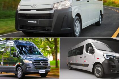 Van utilitária Volkswagen com logotipo VW, base SAIC Maxus, protótipo camuflado para lançamento 2026 no Brasil
