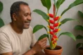 Helicônia com brácteas vermelhas e amarelas em vaso, mostrando estrutura colorida que esconde flores minúsculas
