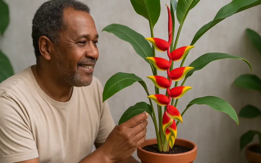 Helicônia com brácteas vermelhas e amarelas em vaso, mostrando estrutura colorida que esconde flores minúsculas