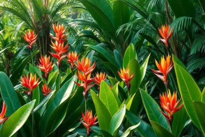 Helicônias tropicais com brácteas vermelhas e amarelas em canteiro bem drenado