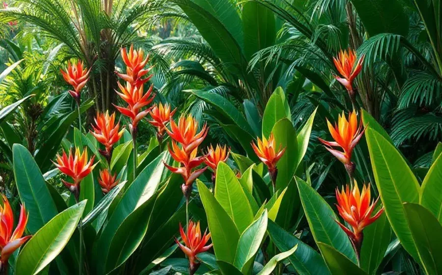 Helicônias tropicais com brácteas vermelhas e amarelas em canteiro bem drenado