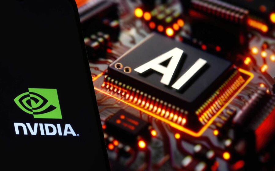 Ilustração de DNA com chips Nvidia e símbolos de investimento representando IA médica da Basecamp Research