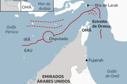 Navios petroleiros e navios de guerra no Estreito de Ormuz sob tensão geopolítica