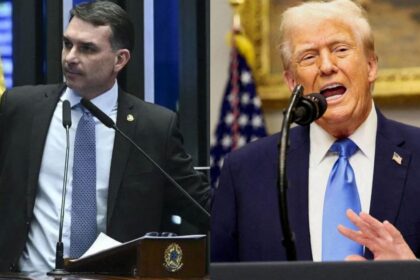 Flávio Bolsonaro e Donald Trump apertando mãos com símbolos de petróleo, Pix e Embraer ao fundo