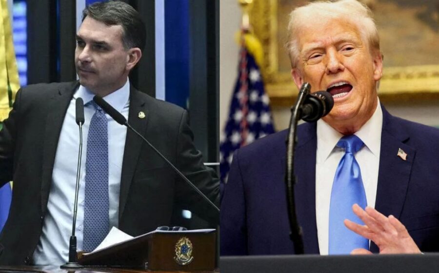 Flávio Bolsonaro e Donald Trump apertando mãos com símbolos de petróleo, Pix e Embraer ao fundo
