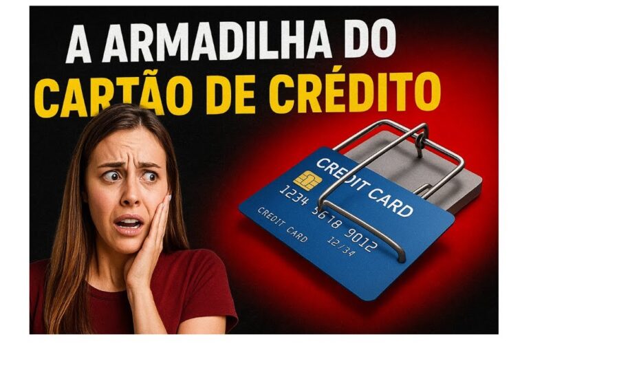 Brasileiro endividado cercado por cartões de crédito e correntes simbolizando juros predatórios