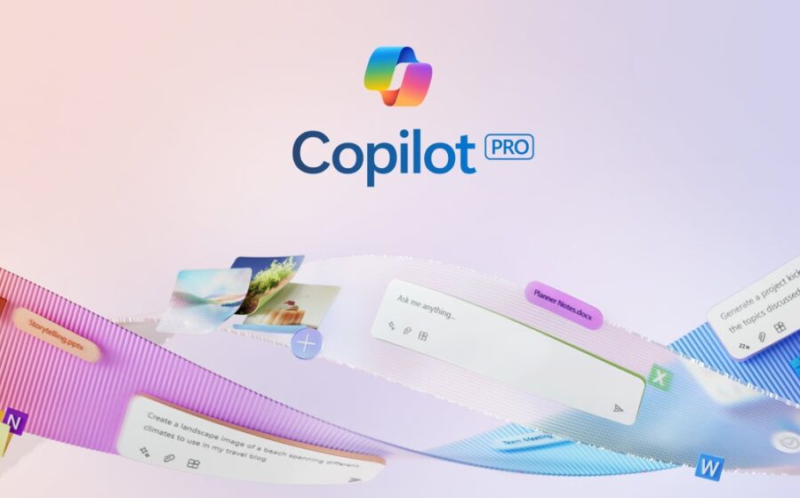 Logo do Microsoft Copilot integrado a ícones do Office e símbolos de IA generativa