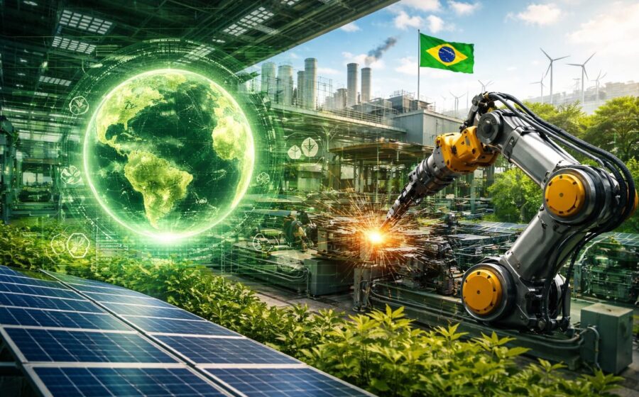 Quatro logos de grandes bancos brasileiros sobre fundo verde com símbolos de sustentabilidade e setas de crescimento financeiro