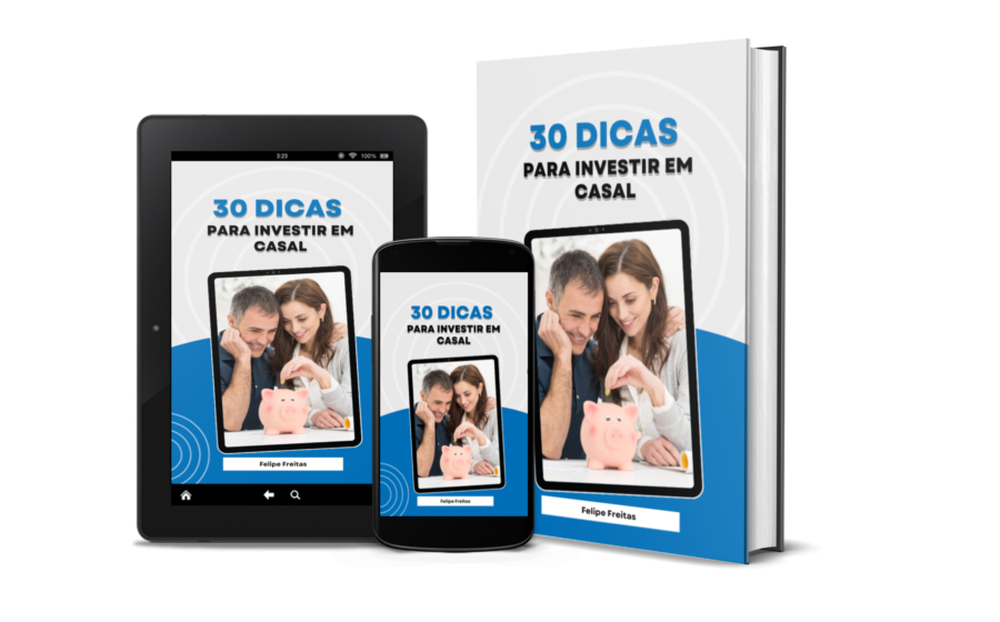 Casal discutindo investimentos com gráficos financeiros ao fundo, representando diferentes tolerâncias ao risco