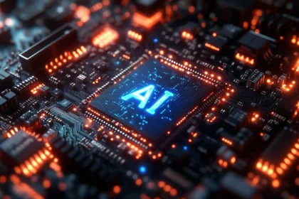 Chips de memória DRAM e NAND empilhados com gráfico de alta de preços e ícone de inteligência artificial