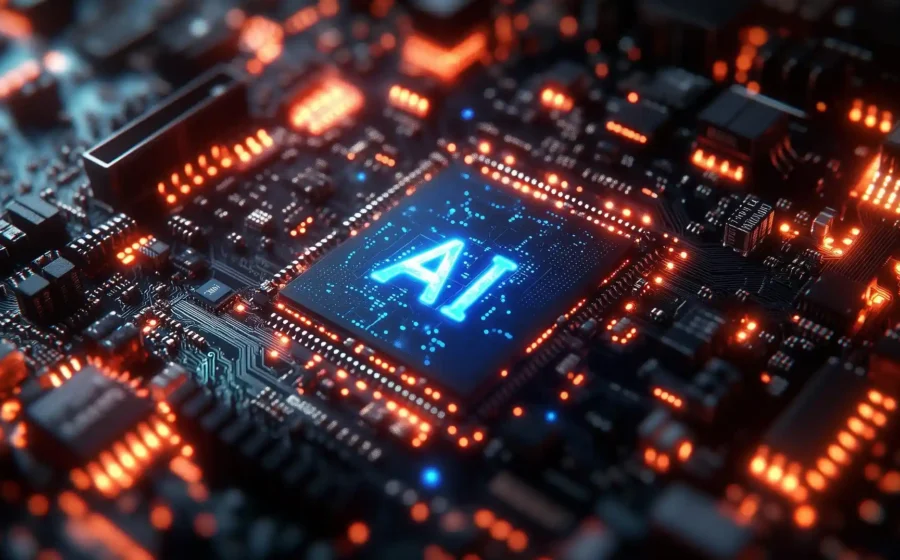 Chips de memória DRAM e NAND empilhados com gráfico de alta de preços e ícone de inteligência artificial