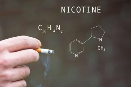 Ilustração de frasco de nicotina com rótulo "biohack" e ícones de cérebro e produtividade
