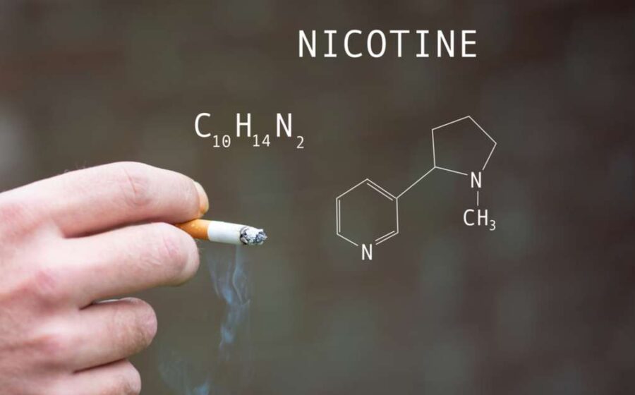 Ilustração de frasco de nicotina com rótulo "biohack" e ícones de cérebro e produtividade