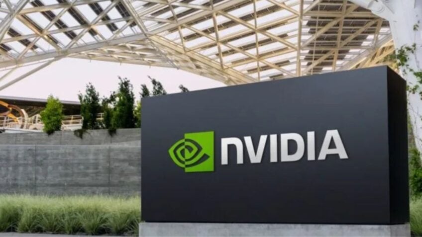 Logotipo da Nvidia sobre fundo de gráficos financeiros com destaque para US$ 150 bilhões em recompra de ações