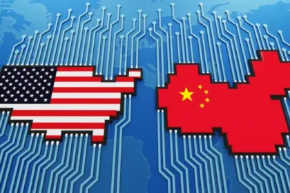 Líderes da China e EUA apertam as mãos sobre bandeiras nacionais simbolizando acordo comercial de US$ 30 bi e diálogo sobre IA