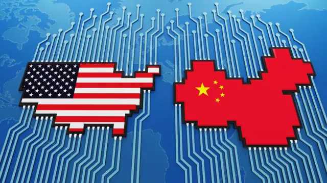 Líderes da China e EUA apertam as mãos sobre bandeiras nacionais simbolizando acordo comercial de US$ 30 bi e diálogo sobre IA