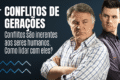 Infográfico mostrando cinco gerações brasileiras com ícones de tecnologia, economia e comportamento social